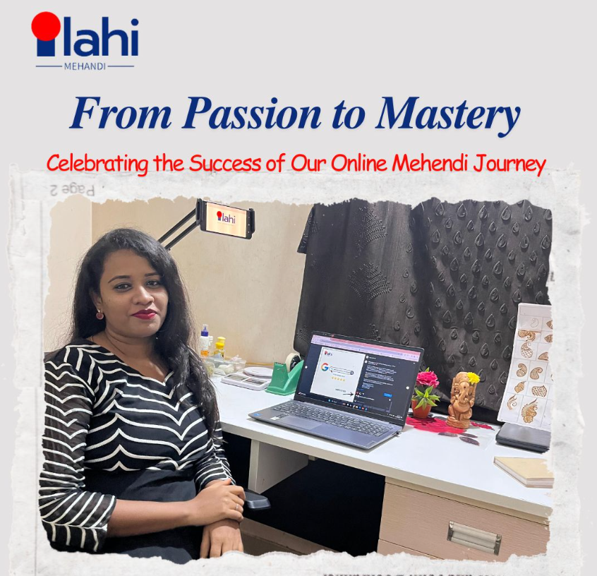 Nandhini – Founder of Ilahi Mehandi, recognized as the best mehandi artist in Chennai, conducting online mehendi training from her workspace.